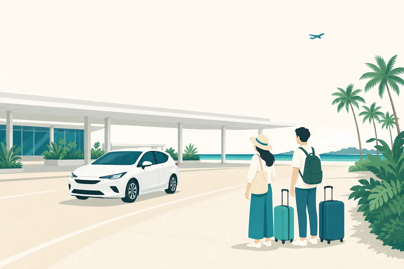 空港の到着口前で車を待つ旅行者